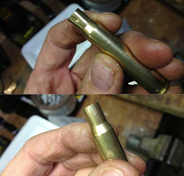 Dented case neck before and after