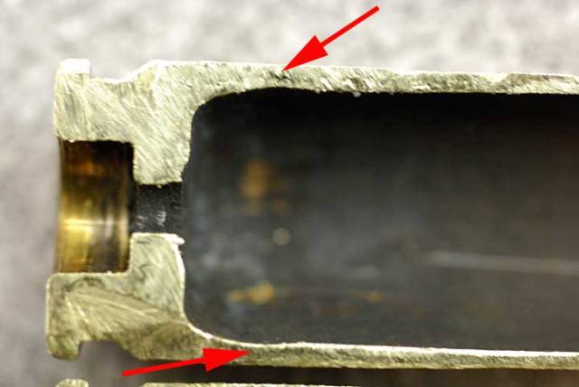 The far left is the primer pocket, the thick section is called the case head, the curved area leading to the case wall is called the web.