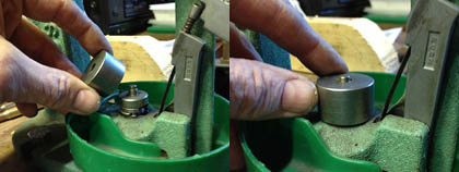 Insert the swaging nipple into the shell holder slot, and drop the removal cup over the nipple.