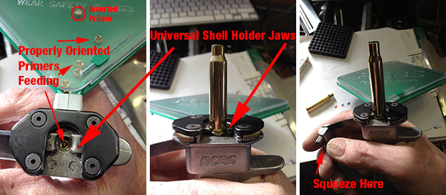 Multi part graphic showing hand priming tool