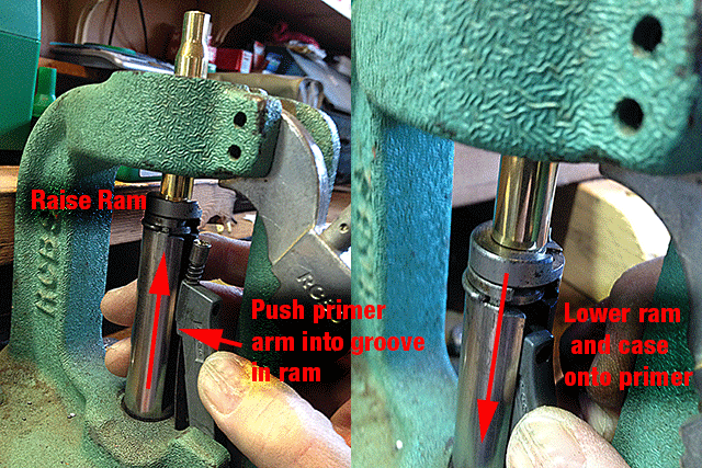 Shows operating the primer seating arm
