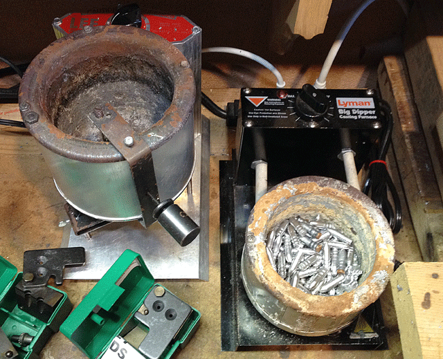 Showing two types of lead furnace or pot, the dipper and the bottom pour