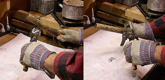 Once your lead has solidified enough, whack the sprue plate with your dowel and cut the sprue.