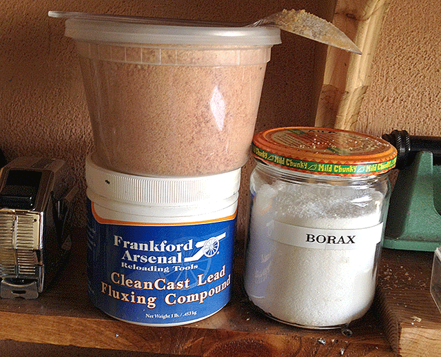 Showing borax, Frankford Flux, and sawdust